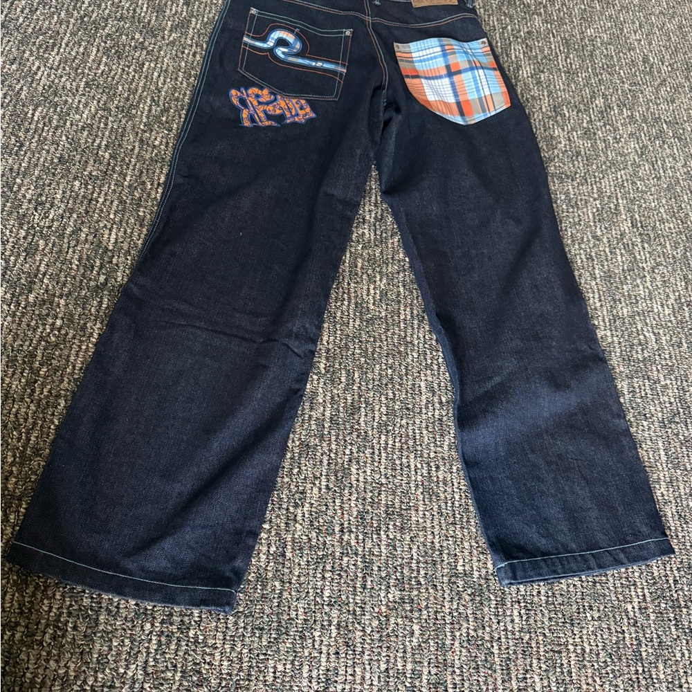 Raw Blue Denim Jeans Mens 36 x 34 Y2K Vintage Embroidered Hip Hop NY Knicks